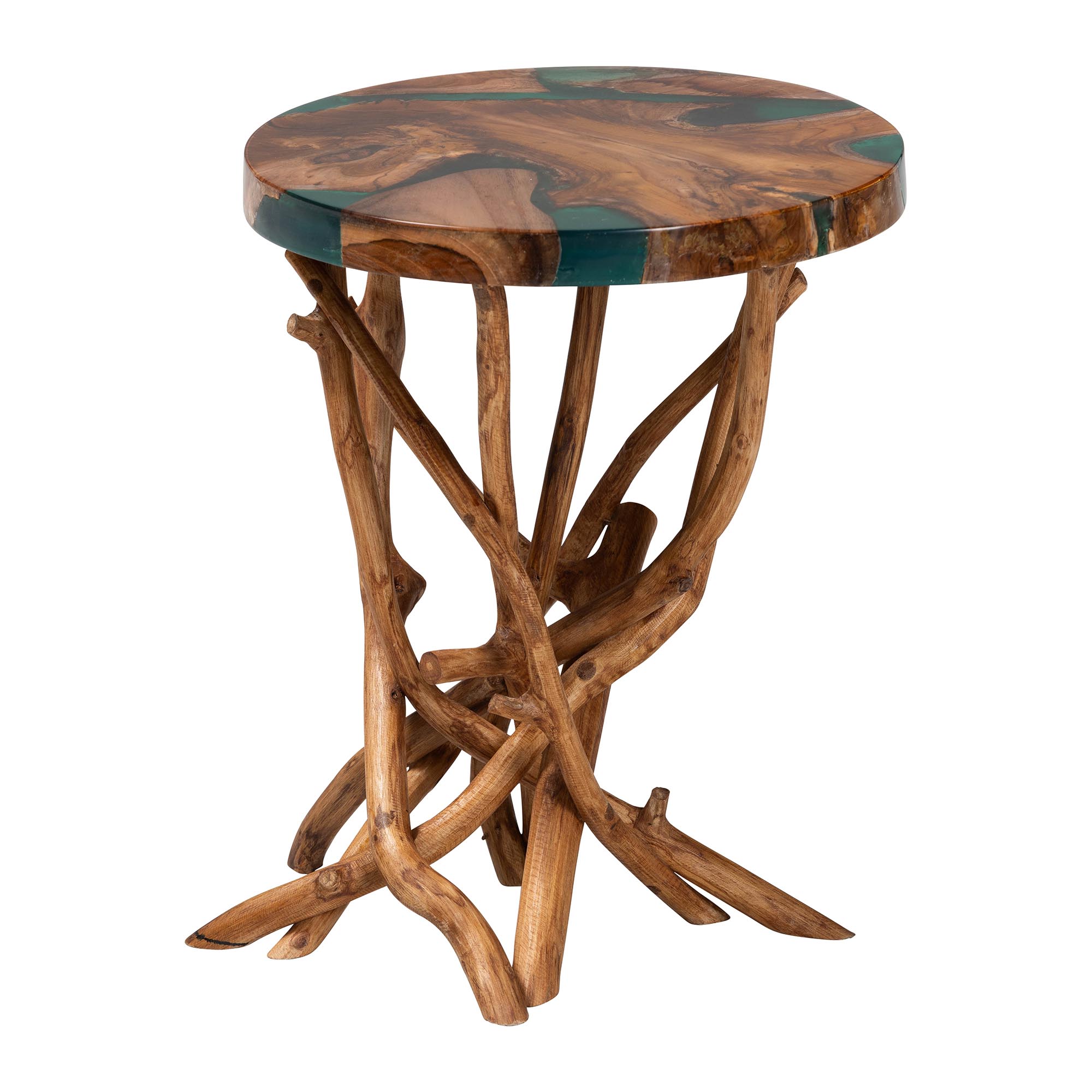 bali & pari Amada Teak Wood Epoxy Resin End Table - Round Live Edge Side Table with Branch Legs, Handcrafted Modern Rustic Accent Table